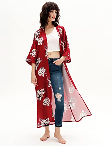 PRODESIGN Albornoz largo kimono para mujer, estampado floral, adelfa, ligero, Oleander - Rojo Vino, talla única