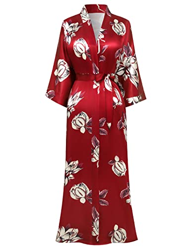 PRODESIGN Albornoz largo kimono para mujer, estampado floral, adelfa, ligero, Oleander - Rojo Vino, talla única