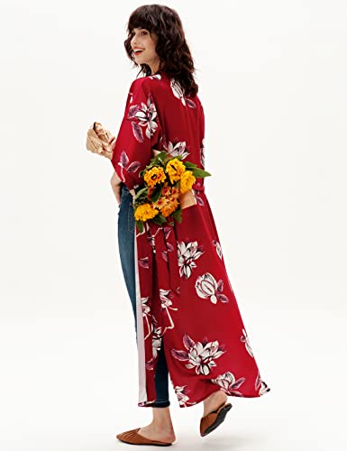 PRODESIGN Albornoz largo kimono para mujer, estampado floral, adelfa, ligero, Oleander - Rojo Vino, talla única