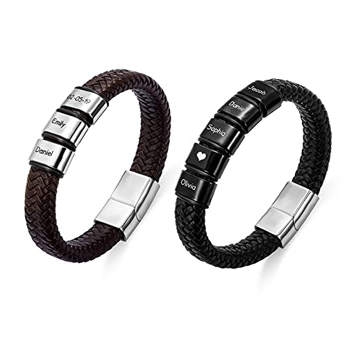 Pulsera de cuero personalizada para hombre con cuentas de 1 a 8 cuentas de nombre personalizadas con nombre de letra, pulsera de cuentas de acero inoxidable, regalo para el padre