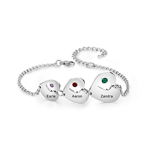 Pulsera de Mujer Personalizada con 3 Corazones y Nombre Grabado de Pulseras Ajustables para Madre e Hija para el Cumpleaños del Día de la Madre