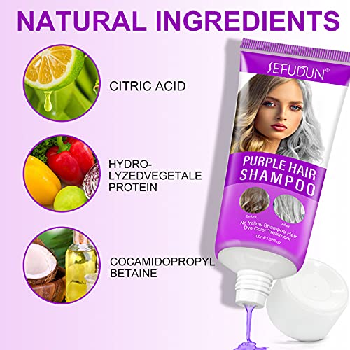 Purple Hair Shampoo Champú Violeta, Champú Morado para Pelo Rubio, Champú Matizante para Cabellos Rubios, Champú antiamarillo, Revitaliza el Cabello Rubio Teñido, Decolorado y con Mechas (100 ml)