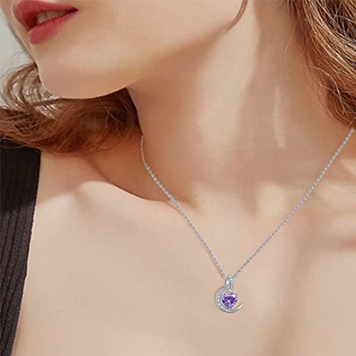 Qings Collar de Piedra de Nacimiento de Febrero - Plata de Ley 925 CZ Collares de Piedra Amatista PúRpura Febrero Preciosa Corazón de Luna Collares Colgante de Mujer para Mujer Cumpleaños