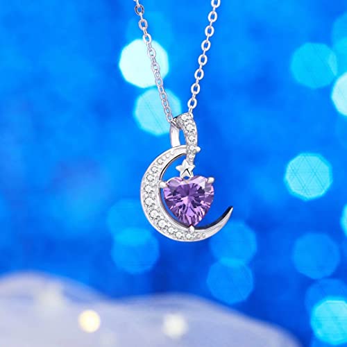 Qings Collar de Piedra de Nacimiento de Febrero - Plata de Ley 925 CZ Collares de Piedra Amatista PúRpura Febrero Preciosa Corazón de Luna Collares Colgante de Mujer para Mujer Cumpleaños