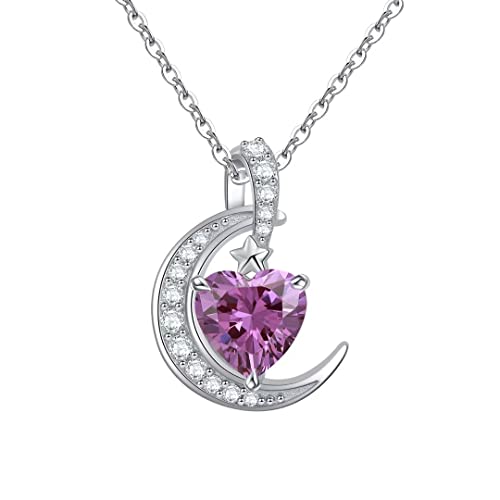 Qings Collar de Piedra de Nacimiento de Febrero - Plata de Ley 925 CZ Collares de Piedra Amatista PúRpura Febrero Preciosa Corazón de Luna Collares Colgante de Mujer para Mujer Cumpleaños