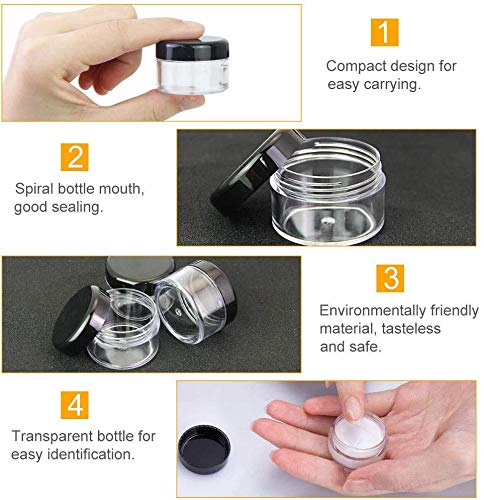 Qoosea 60 Piezas Tarros de Plástico, Contenedores Cosmético de Viaje Envases de Vacío Transparente con Tapas de Tornillo para Cosmética Crema Muestra, Polvo, Decoración de Uñas, 5g/5ml Negro