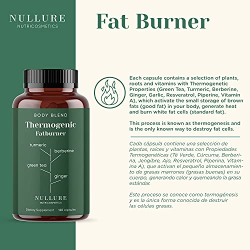 Quemagrasas Potente para Adelgazar Termogénico - Té Verde + Cúrcuma + Resveratrol + Berberina + Gengibre + Ajo + Vitamina A + Piperina | Fat Burner Natural Nullure- 120 cápsulas (2 meses)