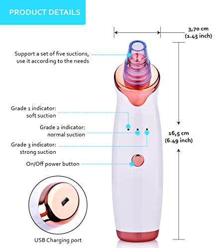 Quita granos espinillas limpiador de poros eliminador puntos negros potente electrico 5 cabezales 3 velocidades succionador de poros saca limpiador poros nariz aspirador aparato limpieza facial