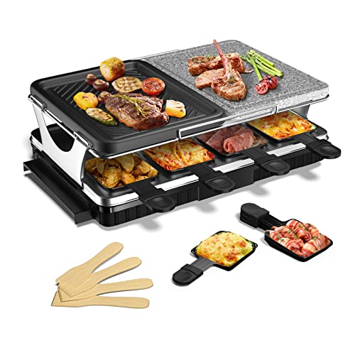 Raclette 8 Personas Parrillas Barbacoa Électricas con 8 Mini Sartenes 4 Espátulas de Madera, 1300W