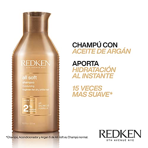 Redken | Champú Hidratante con Aceite de Argán para Cabello Seco y Frágil, All Soft, 500 ml