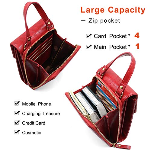 REETEE Bandolera Pequeña Mujer Cuero PU Cartera Bolso de Teléfono Móvil para Mujer, Mini Crossbody Bag Bolso Movil Mujer Monedero con Ranuras para Tarjeta y Correa Ajustable (rojo)