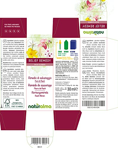 Relief remedy o Rescue remedy (Remedio de rescate) Flores de Bach Naturalma | No. 39 | Gotas 30 ml | Extracto líquido sin alcohol | Esencias florales | Vegano y libre de alcohol