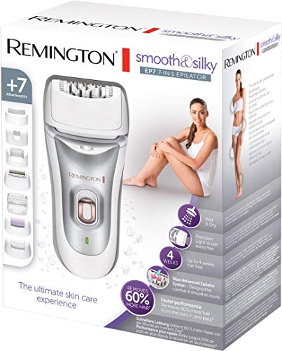 Remington Depiladora Mujer EP7 Smooth & Silky - Depiladora Eléctrica, Inalámbrica, Uso en Seco y Mojado, 7 Accesorios, Tecnología Masajeadora, Blanco y Gris - EP7700