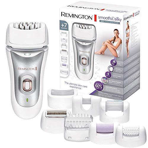 Remington Depiladora Mujer EP7 Smooth & Silky - Depiladora Eléctrica, Inalámbrica, Uso en Seco y Mojado, 7 Accesorios, Tecnología Masajeadora, Blanco y Gris - EP7700