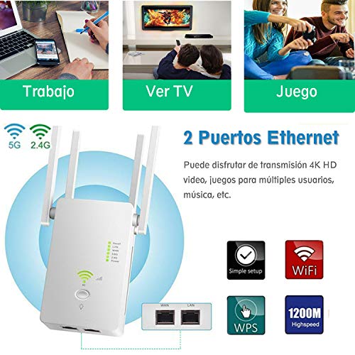 Repetidor WiFi,1200Mbps Amplificador WiFi 5.8G/2.4G Repetidor Señal WiFi ，WiFi Extender con Modo Repetidor/Ap/Enrutador Plug y Play Amplificador WiFi Casa Oficina Hotel con Botón WPS-Blanco