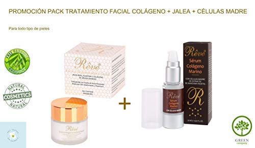 REVE Pack Colágeno - Crema regeneradora Jalea Real + Sérum colágeno Marino - Hombre y Mujer, Día y Noche - Cosmética natural sin parabenes para todo tipo de pieles - (Crema 55 ml + Sérum 20 ml)