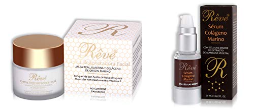 REVE Pack Colágeno - Crema regeneradora Jalea Real + Sérum colágeno Marino - Hombre y Mujer, Día y Noche - Cosmética natural sin parabenes para todo tipo de pieles - (Crema 55 ml + Sérum 20 ml)