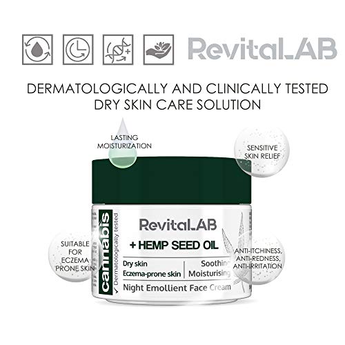 RevitaLAB - Crema facial emoliente de noche con extracto de cánnabis y aceite de semilla de cáñamo ecológico para una hidratación intensa, testada dermatológicamente en pieles sensibles, 50 ml