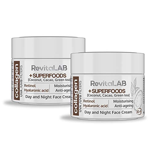 RevitaLAB - Crema hidratante antiarrugas de día y de noche con colágeno enriquecida con ácido hialurónico, superalimentos, vitaminas y un filtro UVA/UVB, franja de edad 30-45, 2x 50 ml