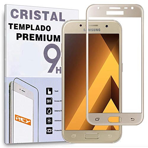 REY Protector de Pantalla Curvo para Samsung Galaxy A3 2017, Oro, Cristal Vidrio Templado Premium, 3D / 4D / 5D