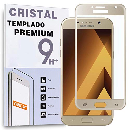 REY Protector de Pantalla Curvo para Samsung Galaxy A5 2017, Oro, Cristal Vidrio Templado Premium, 3D / 4D / 5D