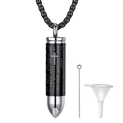 Richsteel Bala de Pistola Guardapelo Colgantes para Cenizas Perfume Flores Secas Colgante Cruz Texto de Biblia Recuerdo de Guerra Collar para Hombres Chicos Regalo Graduación Cumpleaños Navidad