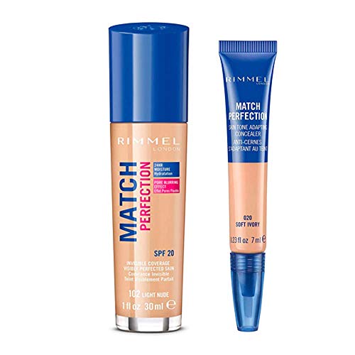 Rimmel London Match Perfection Base + Corrector, Base de maquillaje Tono 102, Corrector Tono 020