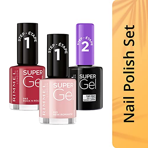 Rimmel London Pack Super Gel, Esmaltes de uñas Tonos 21, 42 y Top Coat