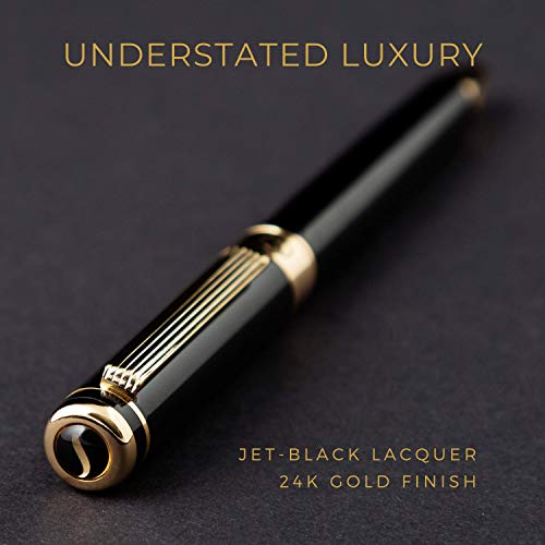 Rollerball Pen de Scriveiner - Bolígrafo Roller de Gama Alta con Acabado en Oro de 24 Quilates, Recambio Schmidt, Regalo Hombres y Mujeres, Bolígrafos Profesionales de Diseño (Negro)