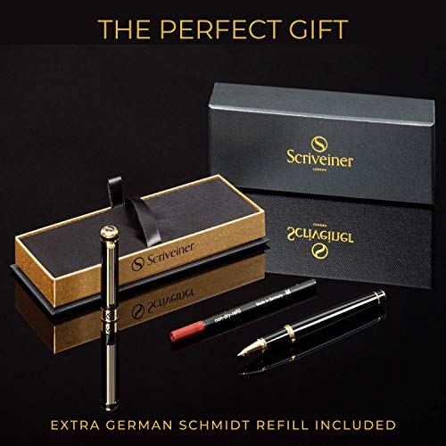 Rollerball Pen de Scriveiner - Bolígrafo Roller de Gama Alta con Acabado en Oro de 24 Quilates, Recambio Schmidt, Regalo Hombres y Mujeres, Bolígrafos Profesionales de Diseño (Negro)