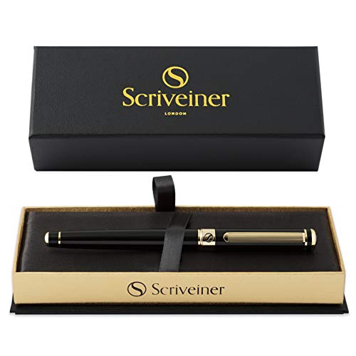 Rollerball Pen de Scriveiner - Bolígrafo Roller de Gama Alta con Acabado en Oro de 24 Quilates, Recambio Schmidt, Regalo Hombres y Mujeres, Bolígrafos Profesionales de Diseño (Negro)