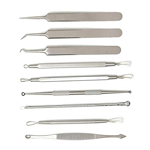 rongweiwang 9 PCS Set Satinsless Steel Blackhead Blackhead Pimple Aguja Mancha Conjunto 9 Extracción de Agujas Acne Extractor Removedor de Herramientas Kit