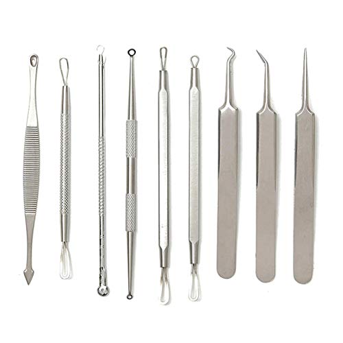 rongweiwang 9 PCS Set Satinsless Steel Blackhead Blackhead Pimple Aguja Mancha Conjunto 9 Extracción de Agujas Acne Extractor Removedor de Herramientas Kit