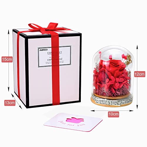 Rosa Eterna, AOKKR Flores Preservadas Hechas a Mano, Rosa Natural de Regalo en Cúpula de Vidrio, con Cinta y Tarjeta de ​Deseos Regalos Originales para Mujer de Aniversario Regalos para Madres Roja