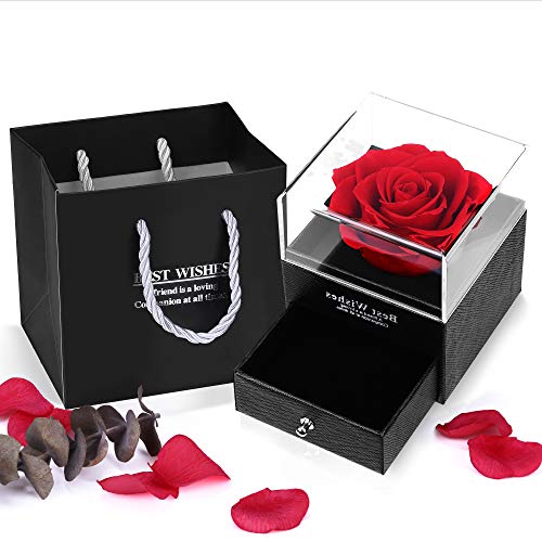 Rosa Eterna, Regalo San Valentin Mujer,Preservadas Flores con Caja de Joyería Romántico Rosa Roja Caja de Almacenamiento Aniversario Regalo para Esposa Madres Boda Cumpleaños Navidad