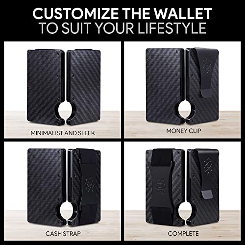 ROSSM Cartera para Hombre con Bloqueo RFID - Tarjetero Hombre Minimalista de Fibra de Carbono y Metal para Tarjetas de Crédito con Clip y Banda Elástica para Billetes