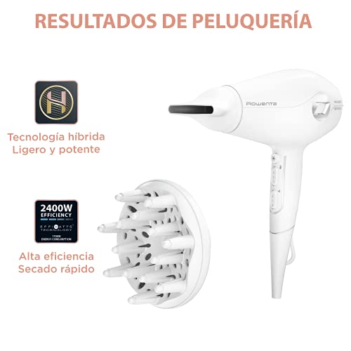 Rowenta Volumizer CV6130 - Secador de 2400 W potente, boquilla concentradora de aire y difusor,3 velocidades y 3 temperaturas, 3D volume booster, botón de aire frío, blanco y plateado