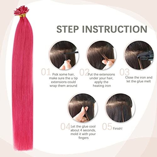 RUNATURE Extensiones Pelo Natural Queratina U Tip Fusion Extensiones de Cabello Humano Nail Tip Remy Straight Pre Bonded Human Hair Extensions 20g 14 Pulgadas Color Rosa Caliente