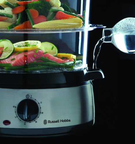 Russell Hobbs Vaporera Cook@Home - 3 Recipientes, Capacidad para 9 L, Arrocera, Sin BPA, Acero Inoxidable, 800 W - 19270-56