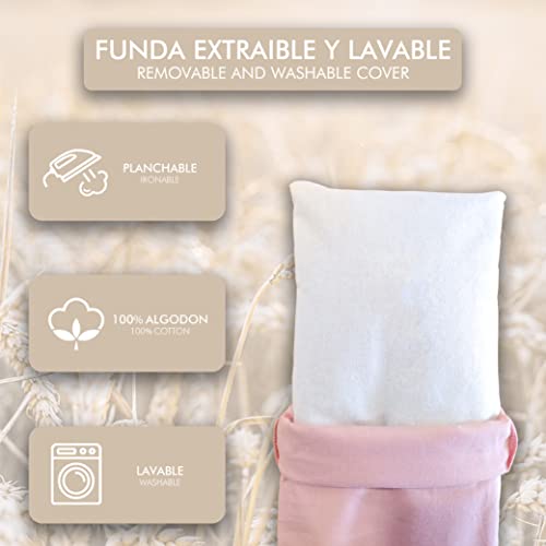 Saco térmico de semillas de trigo y lavanda 48 x 15 cm - Funda lavable 100% algodón - Trigo ecológico y lavanda - Cojín térmico para cervicales y cólicos. Para terapias en frío y calor. Rosa claro