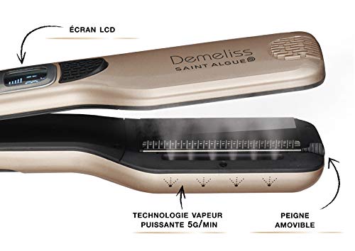 Saint Algue Demeliss Slimbrush - Peine Alisador Profesional de Cerámica, 3 en 1 Cabello Liso, Ondas y Rizos, Temperatura de 130 ° a 200 °, Bolsa Termo Resistente Incluida - Dorado/Negro