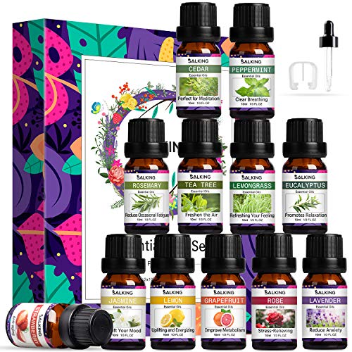 SALKING 12 x 10 ml Aceites Esenciales para Humidificador,100% Puro Aceites Esenciales Aromaterapia-Lavanda,Rosa,Jazmín,Árbol de Té,Romero,Limoncillo,Menta,Eucalipto,Cedro, limón,Pomelo, Fresa