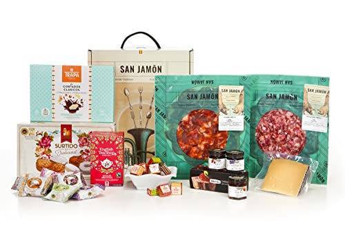 San Jamón - Cesta Regalo Gourmet Ibérica, Dueñas. Chorizo y Salchichón Ibéricos, Queso Manchego, Bombones, Pastas, Mermelada y Té