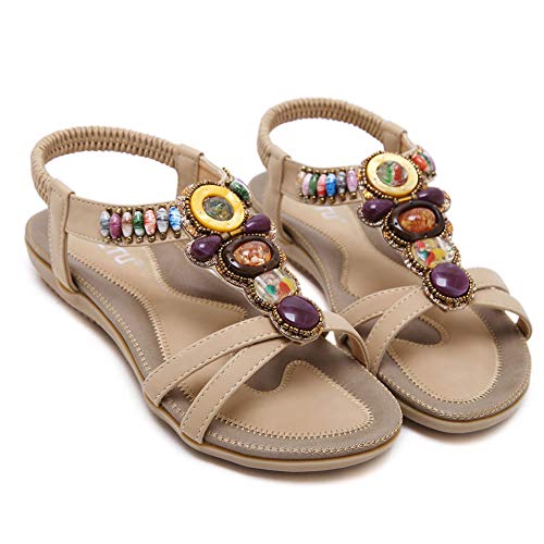 Sandalias Mujer Boho Flor Rhinestone Moda Plano Talla Grande Bohemia Sandalias Romanas Chanclas Mujers Zapatos (42 EU,Beige)