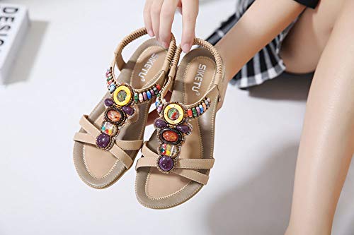 Sandalias Mujer Boho Flor Rhinestone Moda Plano Talla Grande Bohemia Sandalias Romanas Chanclas Mujers Zapatos (42 EU,Beige)