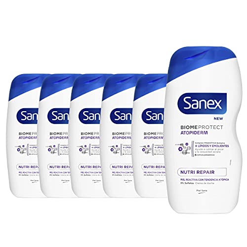 Sanex Atopiderm Nutri Repair, Gel de Ducha o Baño, Piel Atópica, Pack 6 uds x 475ml