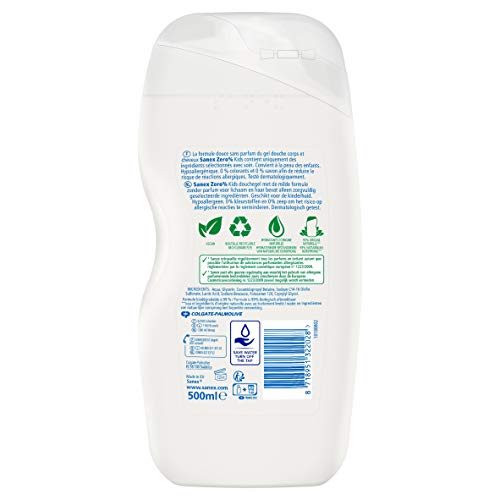 SANEX - Gel de ducha para niños sin jabón cero, 0 % (0 %), cuerpo y pelo - Sin colorantes - Fórmula respetuosa con la piel y respetuosa con el medio ambiente - Pack de 6 x 500 ml