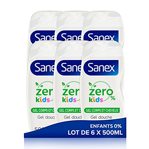 SANEX - Gel de ducha para niños sin jabón cero, 0 % (0 %), cuerpo y pelo - Sin colorantes - Fórmula respetuosa con la piel y respetuosa con el medio ambiente - Pack de 6 x 500 ml