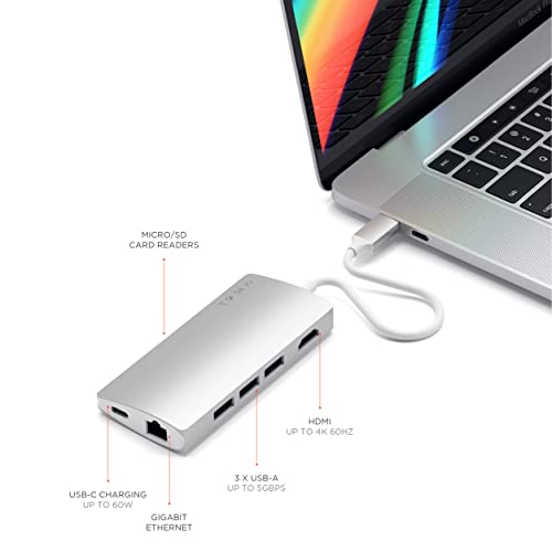 SATECHI Adaptador Multi-Puertos V2 de Aluminio - HDMI 4K (30Hz), Ethernet Gigabit, Carga USB-C, Lectores de Tarjetas SD/Micro, Puertos USB 3.0 para 2020/2019/2018 MacBook Pro (Plata)