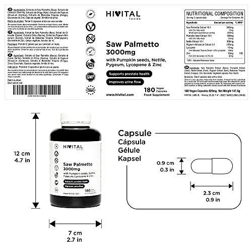 Saw Palmetto 3000 mg. 180 cápsulas veganas para 3 meses. Para la Próstata y la Salud Urinaria. Con Serenoa Repens (Sabal Serrulata), Semillas de Calabaza, Ortiga, Pygeum Africanum, Licopeno y Zinc